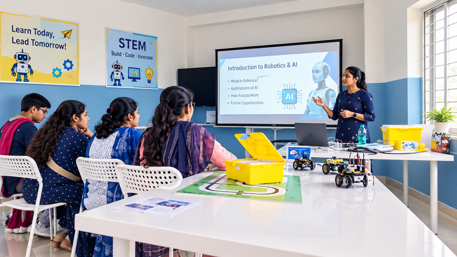 Robotics education in Kamareddy student building activity