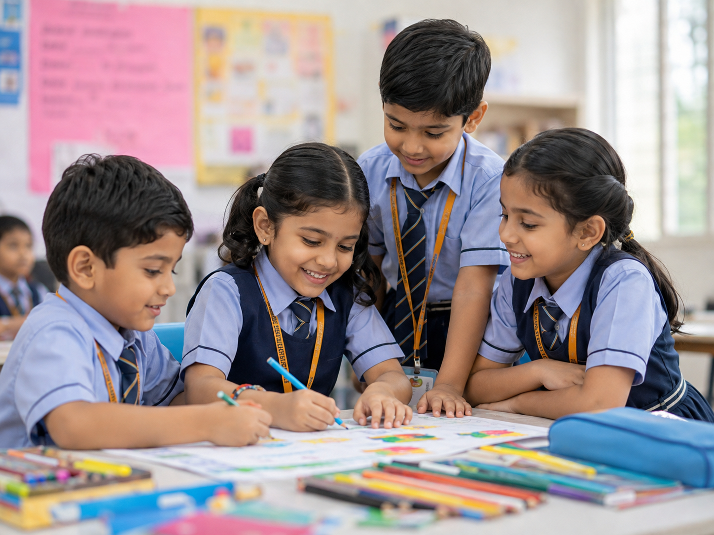 Students taking part in a group classroom activity at Little Scholar School